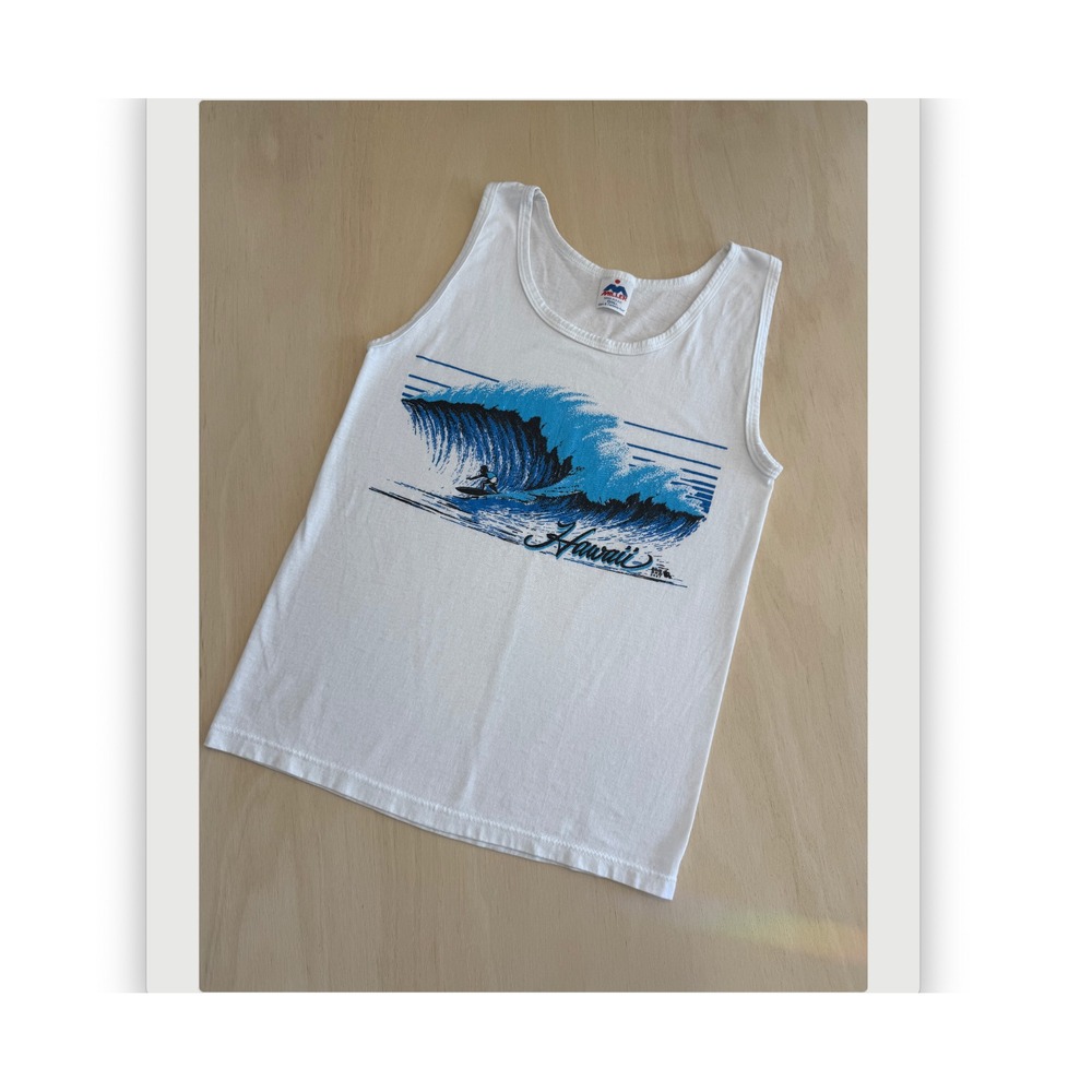 Vintage 80s Hawaii Surf Tank Top Made in USA Wave Graphic Copyright 1983- small
